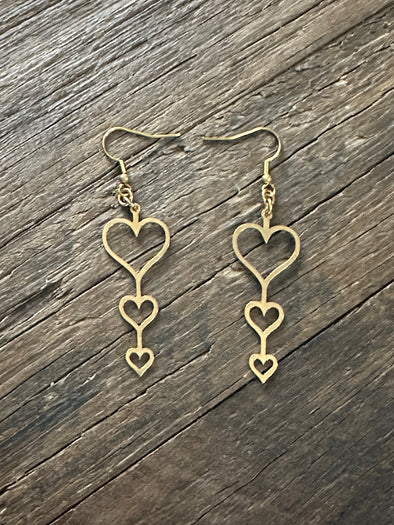 Raw Brass Triple Heart Drop Earrings