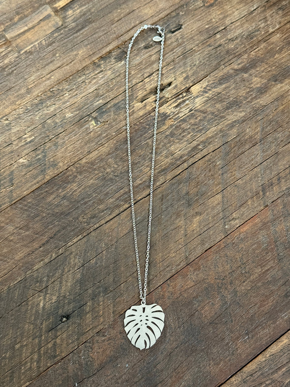 Monstera Leaf Necklace Brushed Stainless Steel