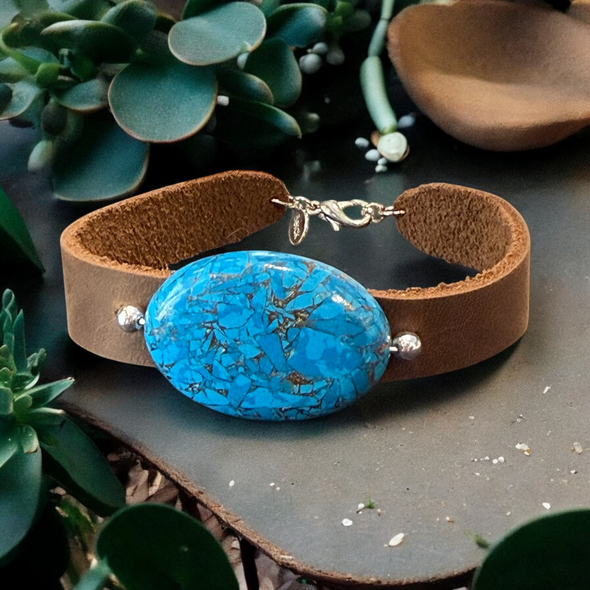 One-of-a-Kind Mojave Turquoise Square Stone Sterling Silver & Leather Bracelet