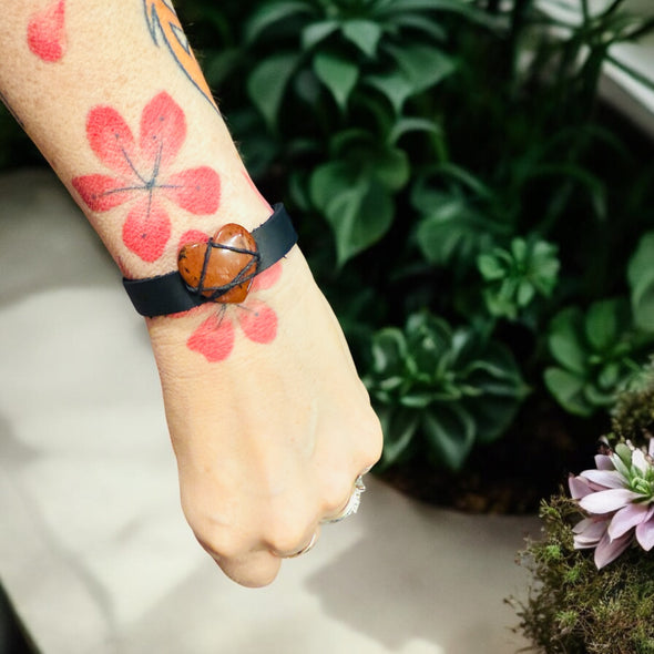 One-of-a-Kind 25mm Puffed Carnelian Heart & Black Leather Cuff Bracelet