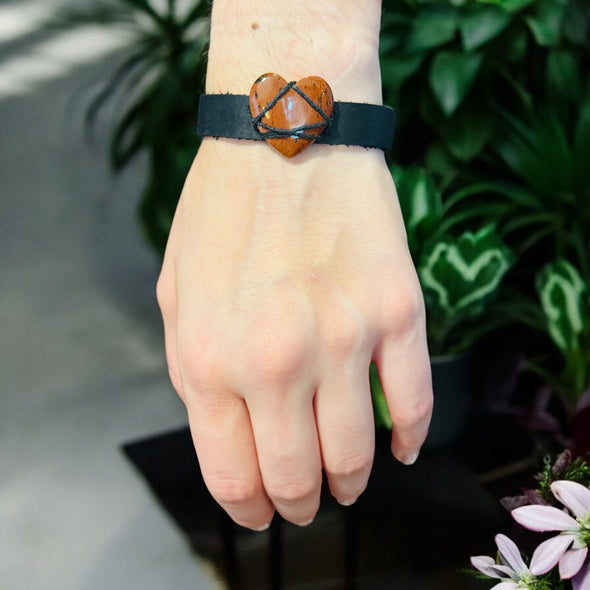 One-of-a-Kind 25mm Puffed Carnelian Heart & Black Leather Cuff Bracelet