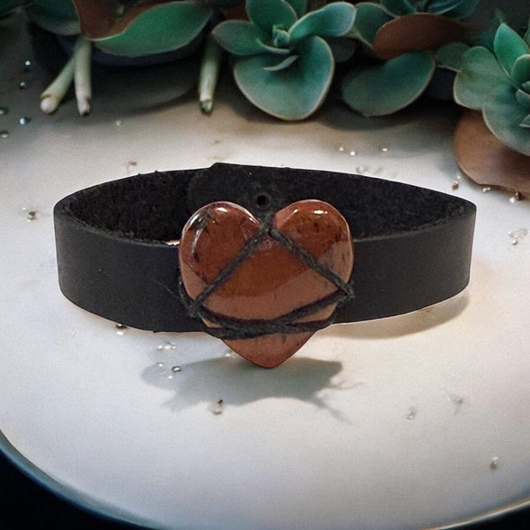 One-of-a-Kind 25mm Puffed Carnelian Heart & Black Leather Cuff Bracelet