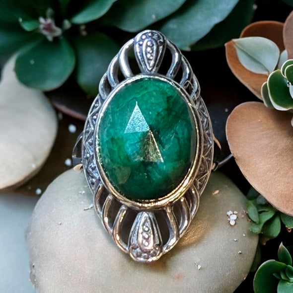 One-of-a-Kind Raw Oval Emerald Sterling Silver Adjustable Ring PREORDER