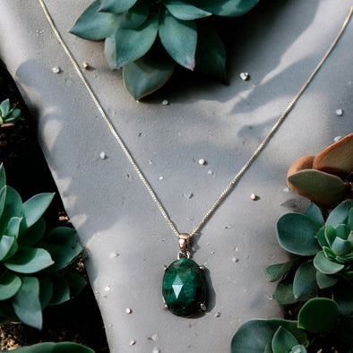 One-of-a-Kind Raw Oval Emerald Sterling Silver Necklace