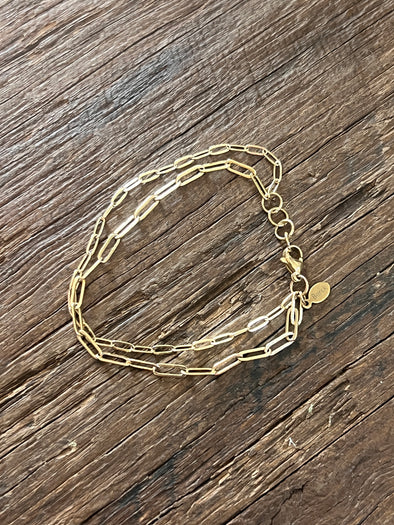 Double Strand Paperclip Chain Bracelet 7" 14k Gold Plated Brass