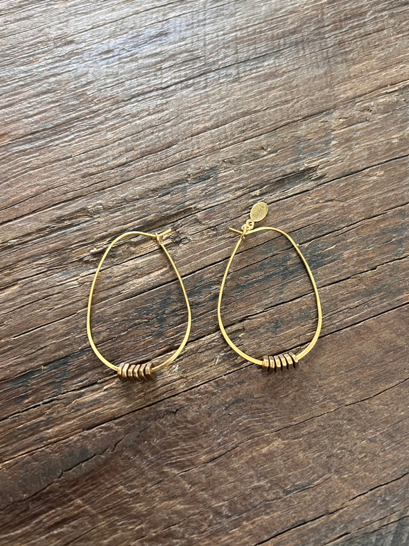 Hoop Earrings Oval with African Brass Beads 14K Gold Plated Brass