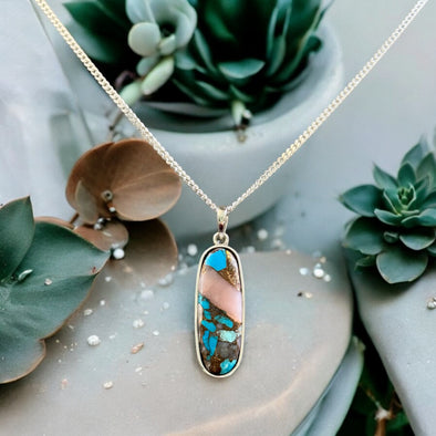 One-of-a-Kind Pink Opal Turquoise Oval Oblong Pendant Sterling Silver Necklace