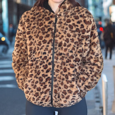 Women's Sherpa Fleece Leopard Print Hooded Zip Up Jacket