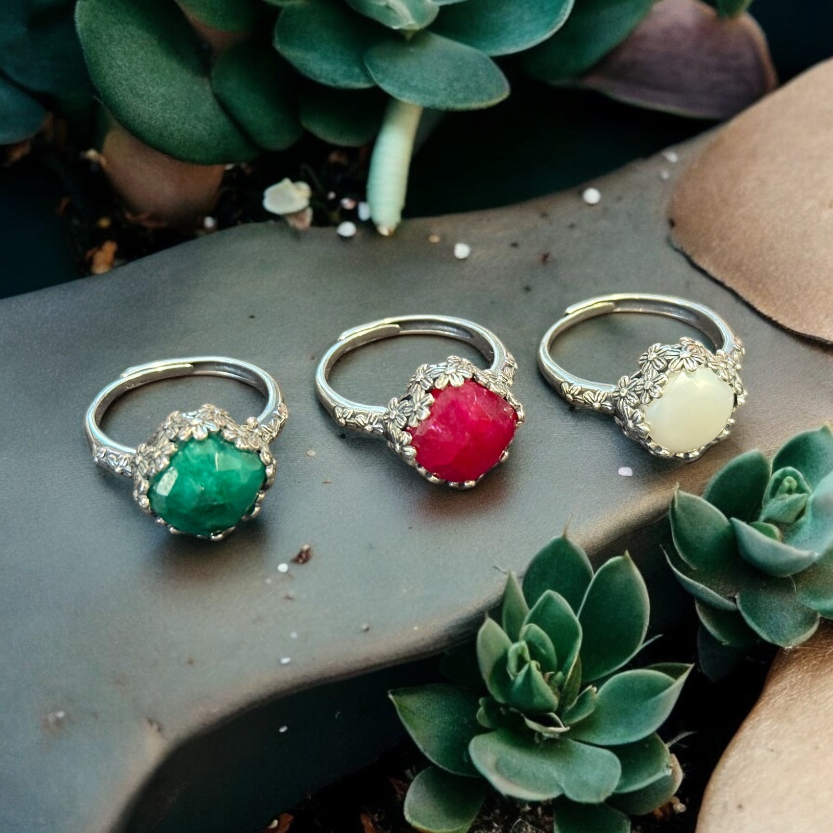 One-of-a-Kind Vintage Floral Cushion Cut Sterling Silver Adjustable Ring