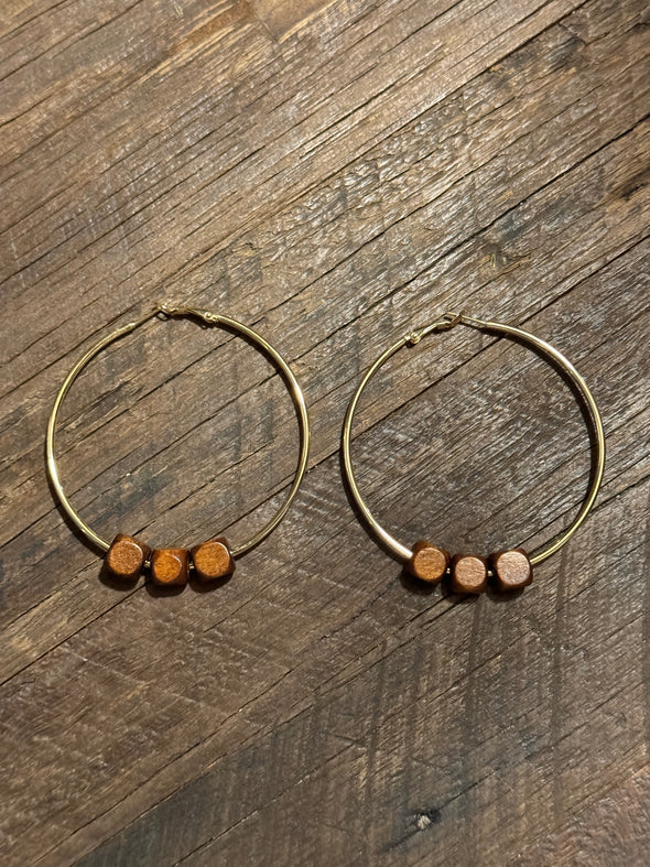 Hoop Earrings 70mm with Wood Accent - 925 Sterling or 14k Gold PVD Plated