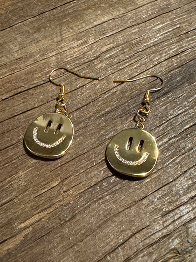 Curved Happy Face with CZ’s Drop Earrings 14k Gold Plated Brass