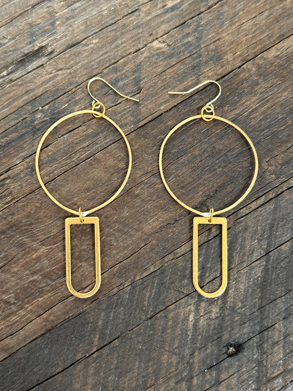 Hoop Earrings Forged Brass with D Dangle