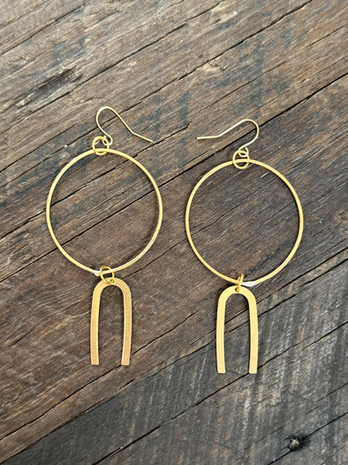 Hoop Earrings Forged Brass with U Dangle