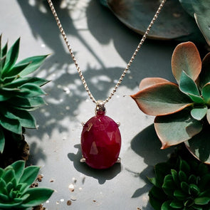 One-of-a-Kind Raw Oval Ruby Sterling Silver Necklace