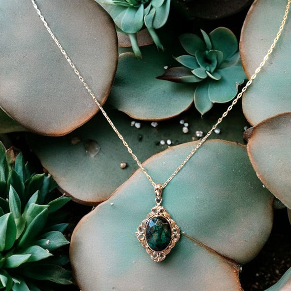 One-of-a-Kind Raw Oval Emerald Sterling Silver Necklace