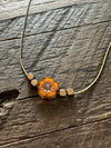 Burnt Orange Hibiscus on Dainty Chain Necklace 17" Antique Brass