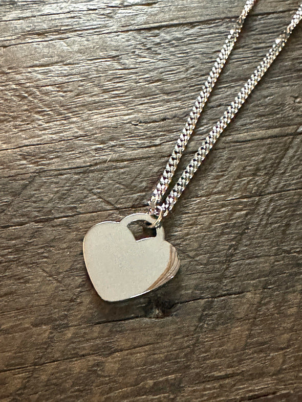 Polished Solid Heart Necklace 17" Diamond Cut Curb Chain