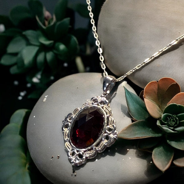 One-of-a-Kind Faceted Oval Garnet Sterling Silver Necklace