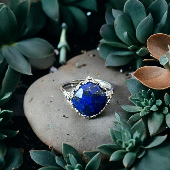 One-of-a-Kind Natural Lapis Faceted Sterling Silver Adjustable Ring