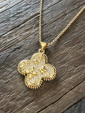 Pave CZ Quatrefoil Pendant on Mini Rolo Necklace 16"-18" 14k 1/20 Gold Filled