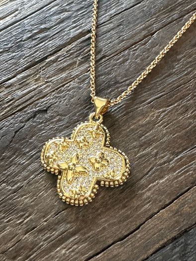 Pave CZ Quatrefoil Pendant on Mini Rolo Necklace 16"-18" 14k PVD Gold Plated