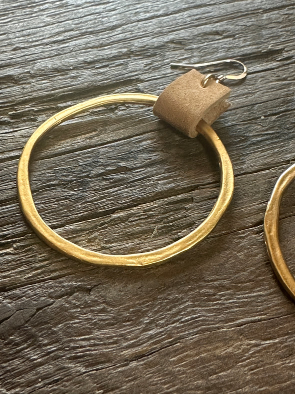 Hoop Earrings 1.89" 18k Gold PVD Plated with Genuine Leather Accent