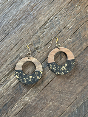 Wooden & Gold Foil Drop Earrings - Round Open