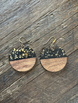 Wooden & Gold Foil Drop Earrings - Round
