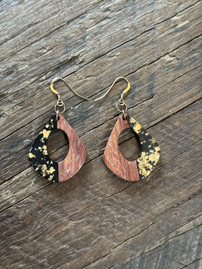 Wooden & Gold Foil Drop Earrings - Teardrop Open