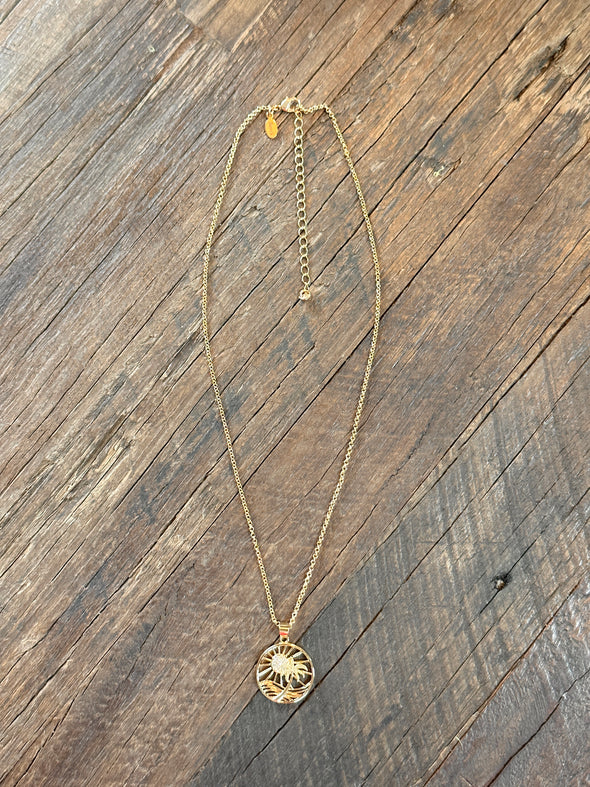 Pave CZ Palm Tree Sun Pendant on Mini Rolo Necklace 16"-18" 14k PVD Gold Plated