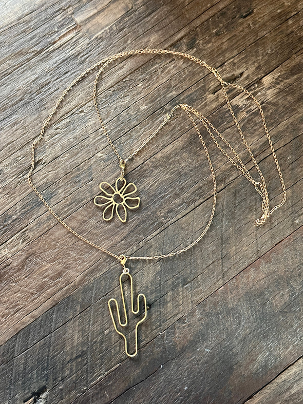 Raw Brass 48" Necklace with Wire Cactus & Funky Flower Charms
