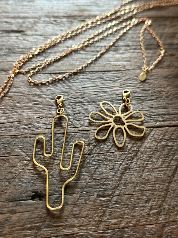 Raw Brass 48" Necklace with Wire Cactus & Funky Flower Charms