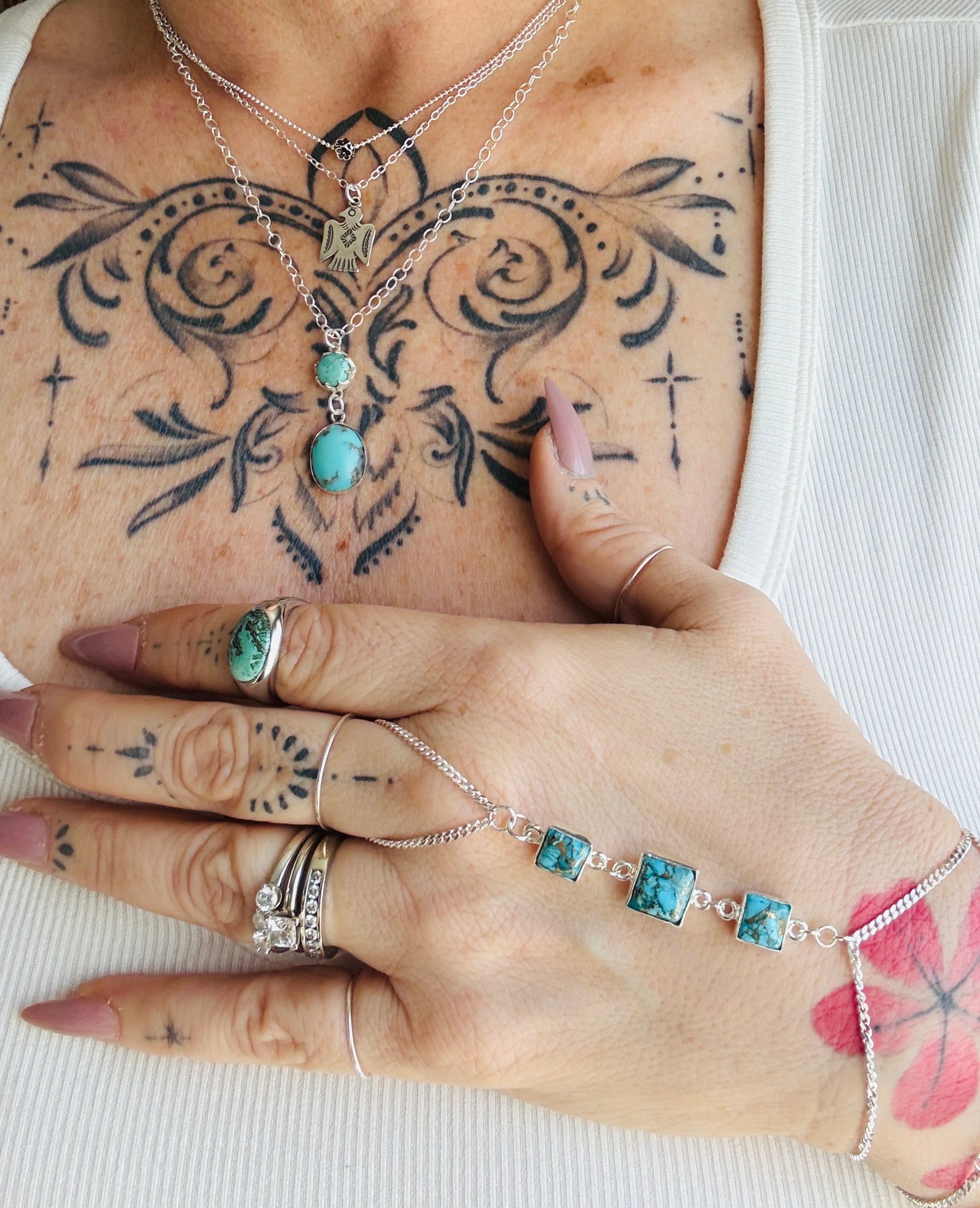 One-Of-A-Kind Kingman Blue Turquoise & Thunderbird 3 Layer Sterling Silver Necklace