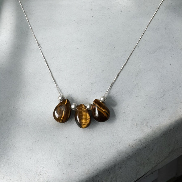 One-of-a-Kind Genuine 3 Teardrop Tigers Eye & Sterling Silver Necklace