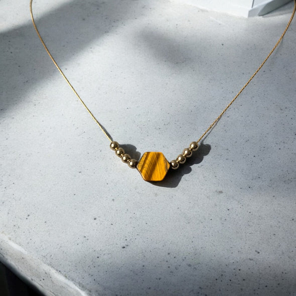 One-of-a-Kind Hexagon Genuine Tigers Eye Stone with 14k Gold Filled Beads