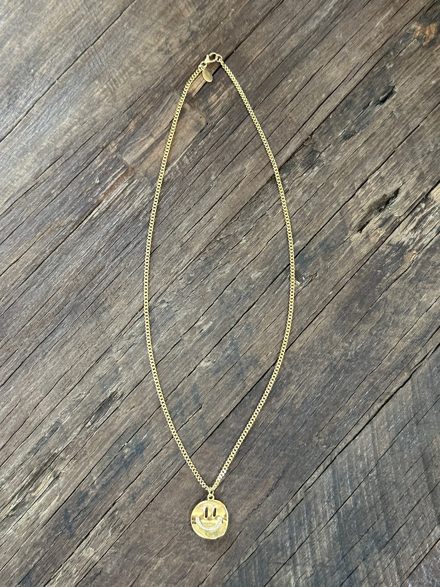 Curved Happy Face with CZ’s Pendant 18" 14k Gold Plated Brass