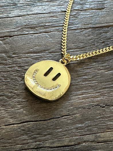 Curved Happy Face with CZ’s Pendant 18" 14k Gold Plated Brass