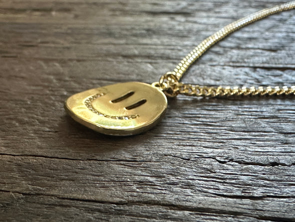 Curved Happy Face with CZ’s Pendant 18" 14k Gold Plated Brass