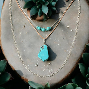 One-of-a-Kind Triple Layer Howlite Turquoise Natural Shape Sterling Silver & Leather Necklace