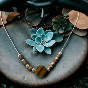 One-of-a-Kind Hexagon Genuine Tigers Eye Stone with Sterling Silver Beads