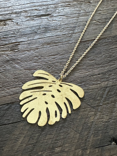 Raw Brass Monstera Leaf Necklace Large
