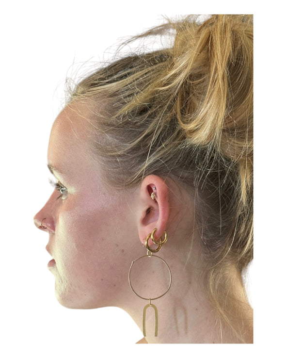 Hoop Earrings Forged Brass with U Dangle