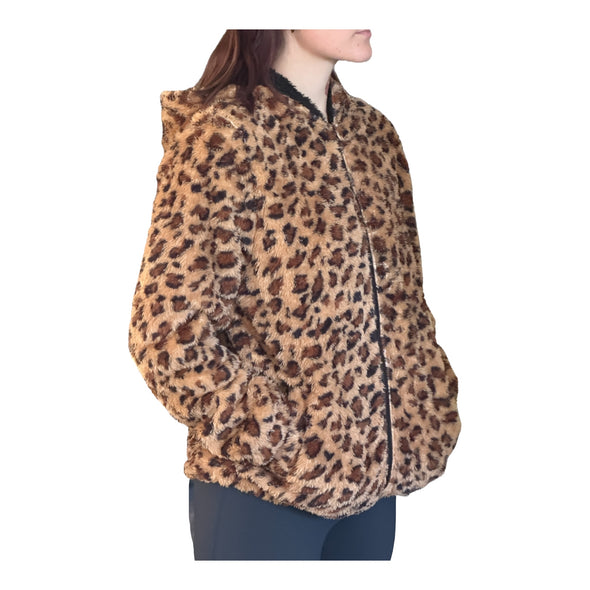 Women's Sherpa Fleece Leopard Print Hooded Zip Up Jacket