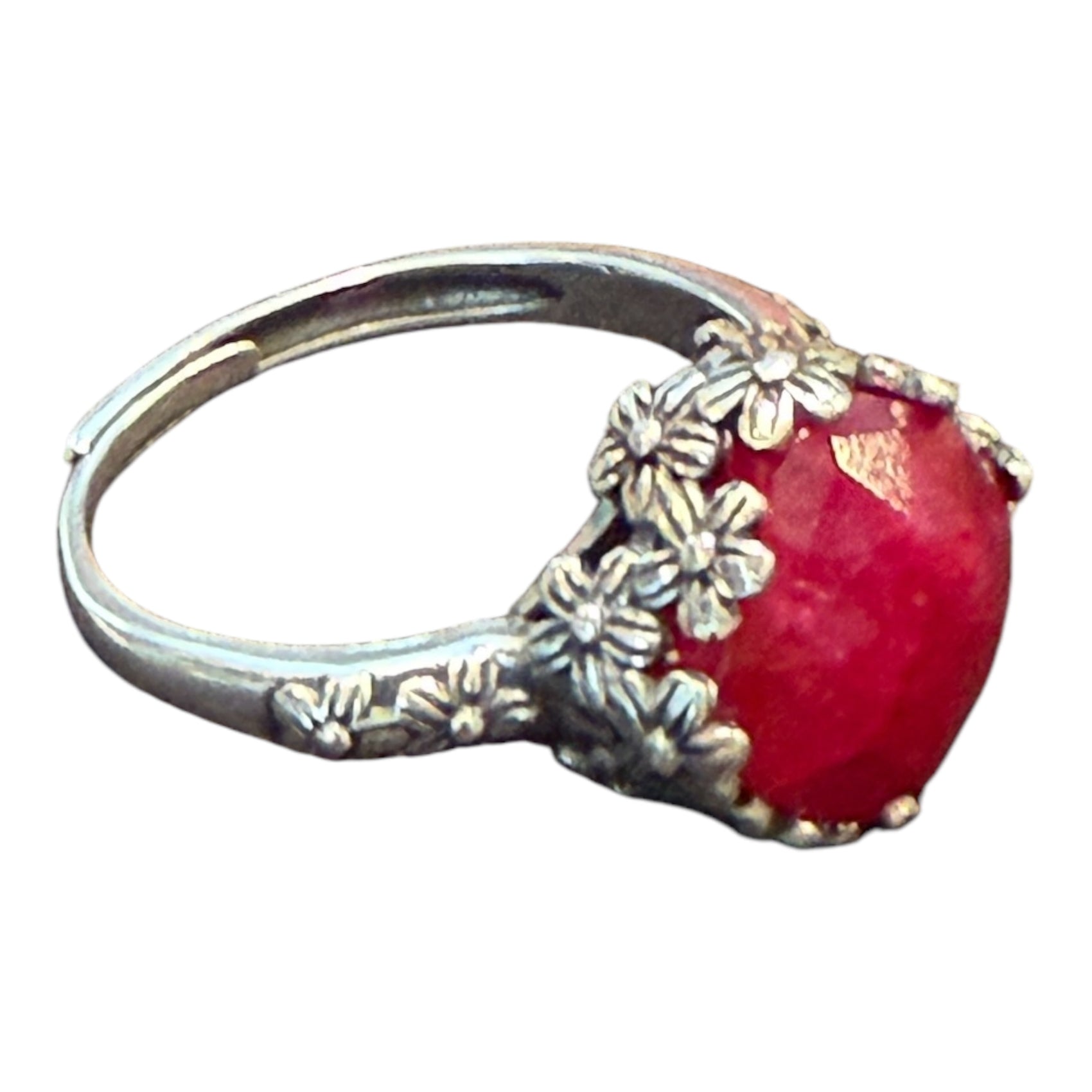 One-of-a-Kind Vintage Floral Cushion Cut Sterling Silver Adjustable Ring