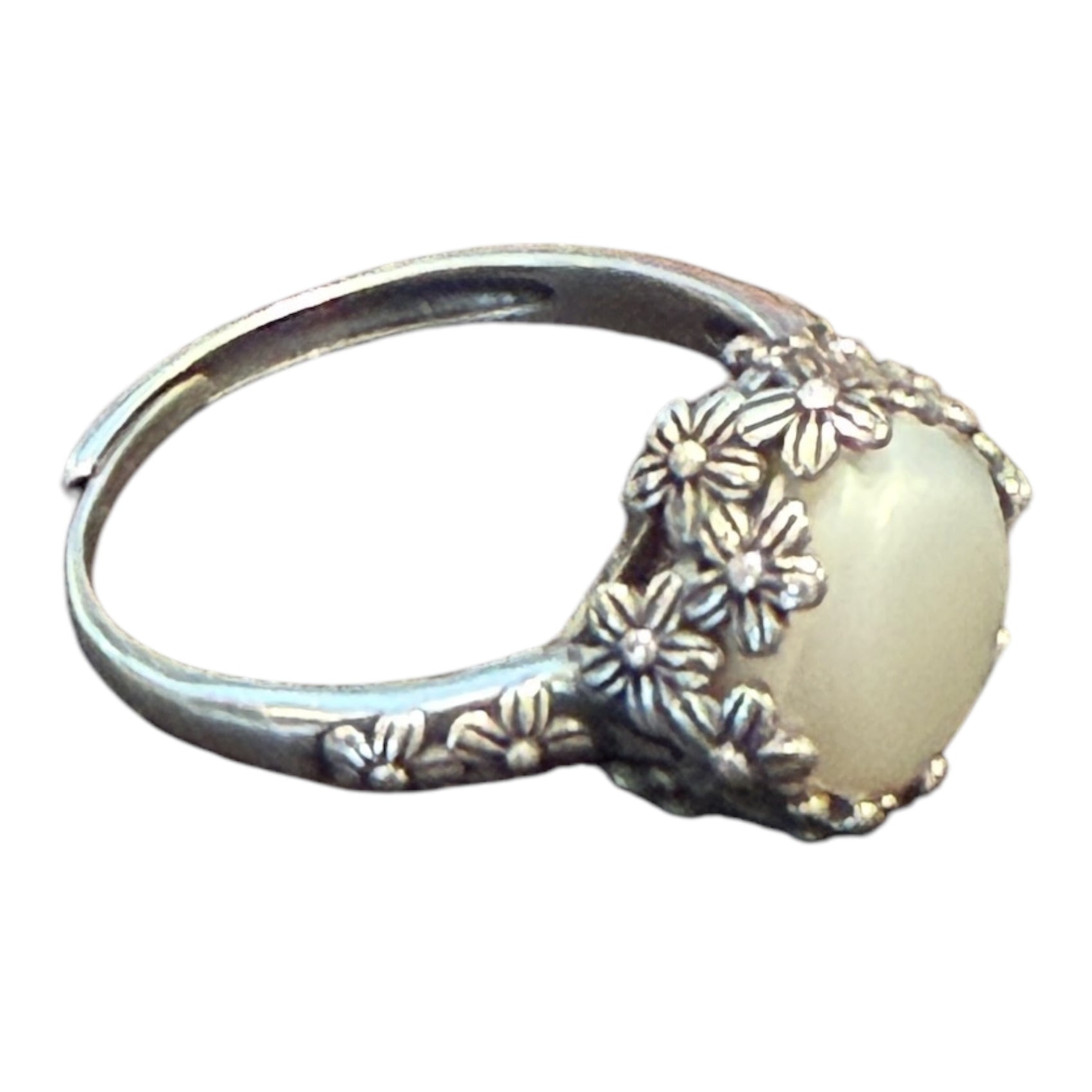One-of-a-Kind Vintage Floral Cushion Cut Sterling Silver Adjustable Ring