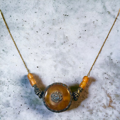 One-of-a-Kind Vintage Tibetan Natural Resin Amulet  with Butterscotch Vintage Amber Necklace Raw Brass