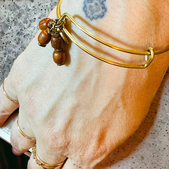 One-of-a-Kind Raw Brass and Vintage African Teak Beads Expandable Bangle Bracelet