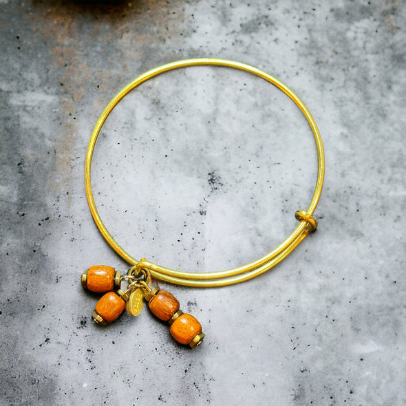 One-of-a-Kind Raw Brass and Vintage African Teak Beads Expandable Bangle Bracelet