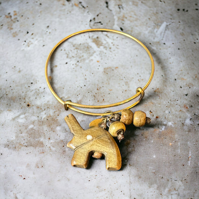 One-of-a-Kind Raw Brass and Vintage African Teak Elephant & Beads Expandable Bangle Bracelet