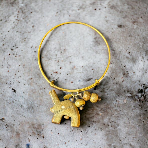 One-of-a-Kind Raw Brass and Vintage African Teak Elephant & Beads Expandable Bangle Bracelet